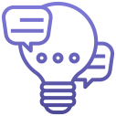 Icon depicting a light bulb with speech bubbles